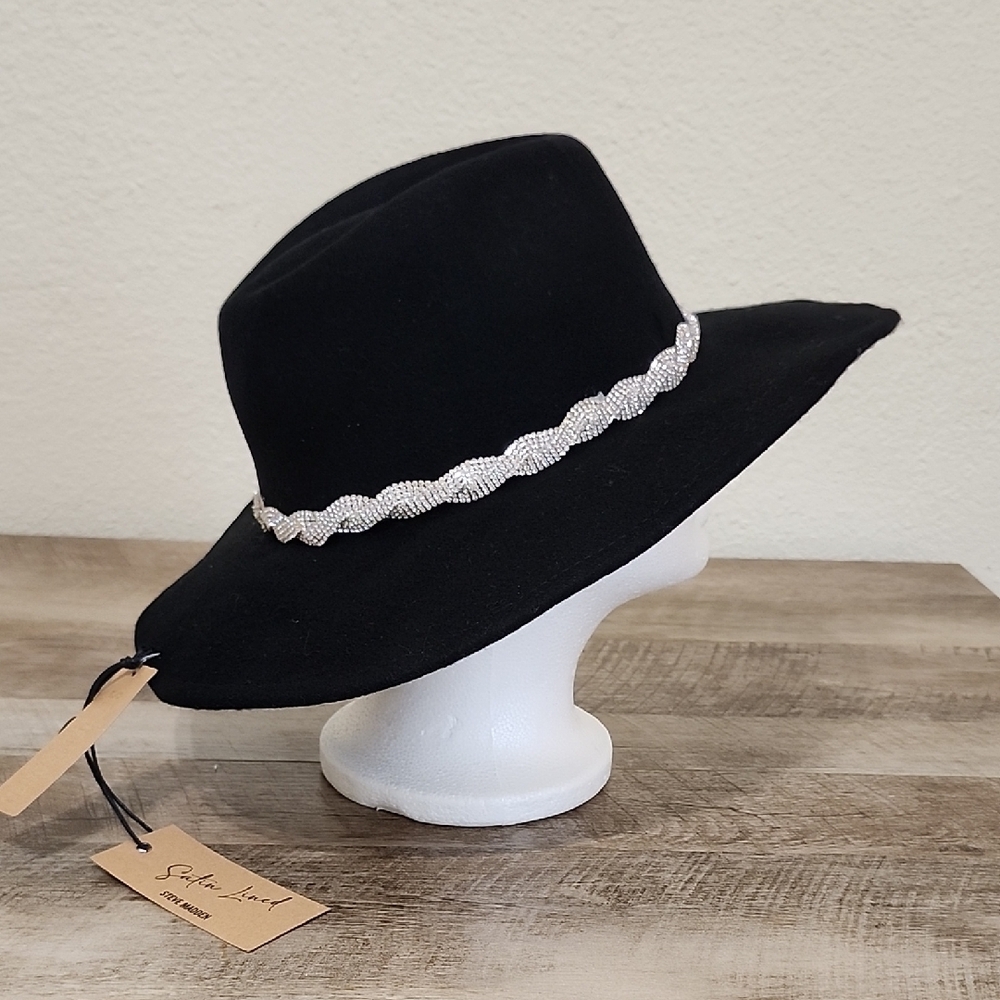 Steve Madden Black Wide-Brim Hat With Rhinestone Belt Accent - Picture 6 of 10